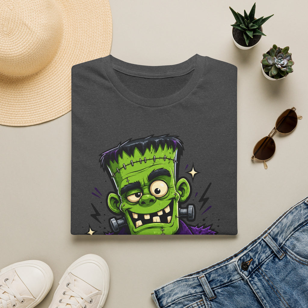 Charcoal crew-neck T-shirt with green Frankenstein-style monster face graphic