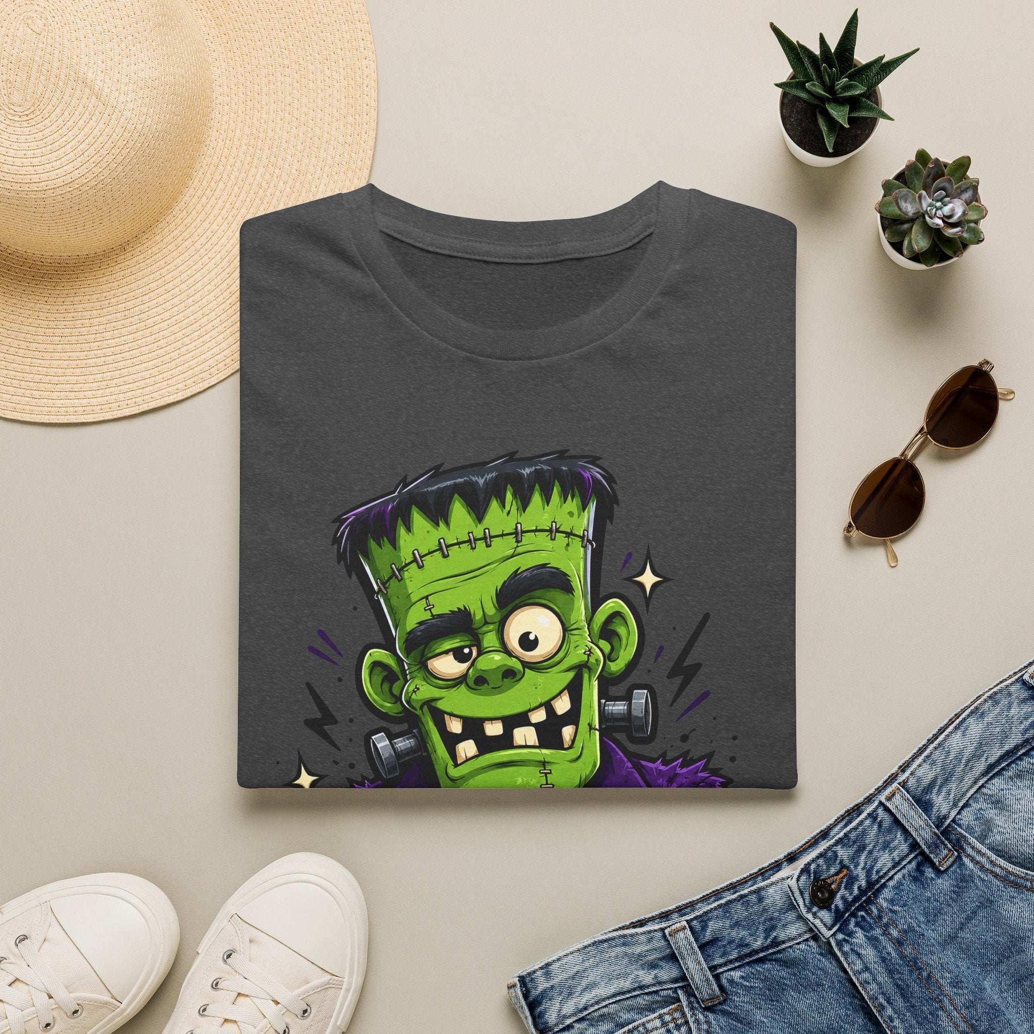 Charcoal crew-neck T-shirt with green Frankenstein-style monster face graphic