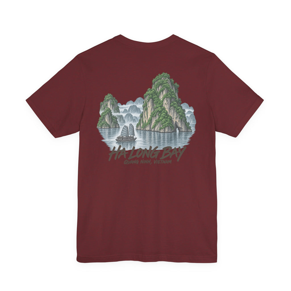 Vintage travel t-shirt, dark red, front landscape graphic with vintage text