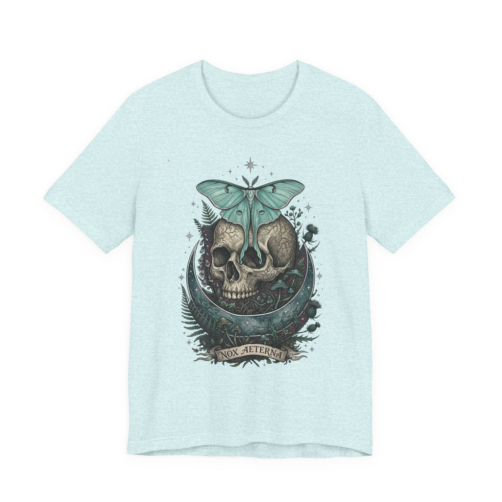 Light blue unisex T-shirt with teal moth-and-skull graphic on chest
