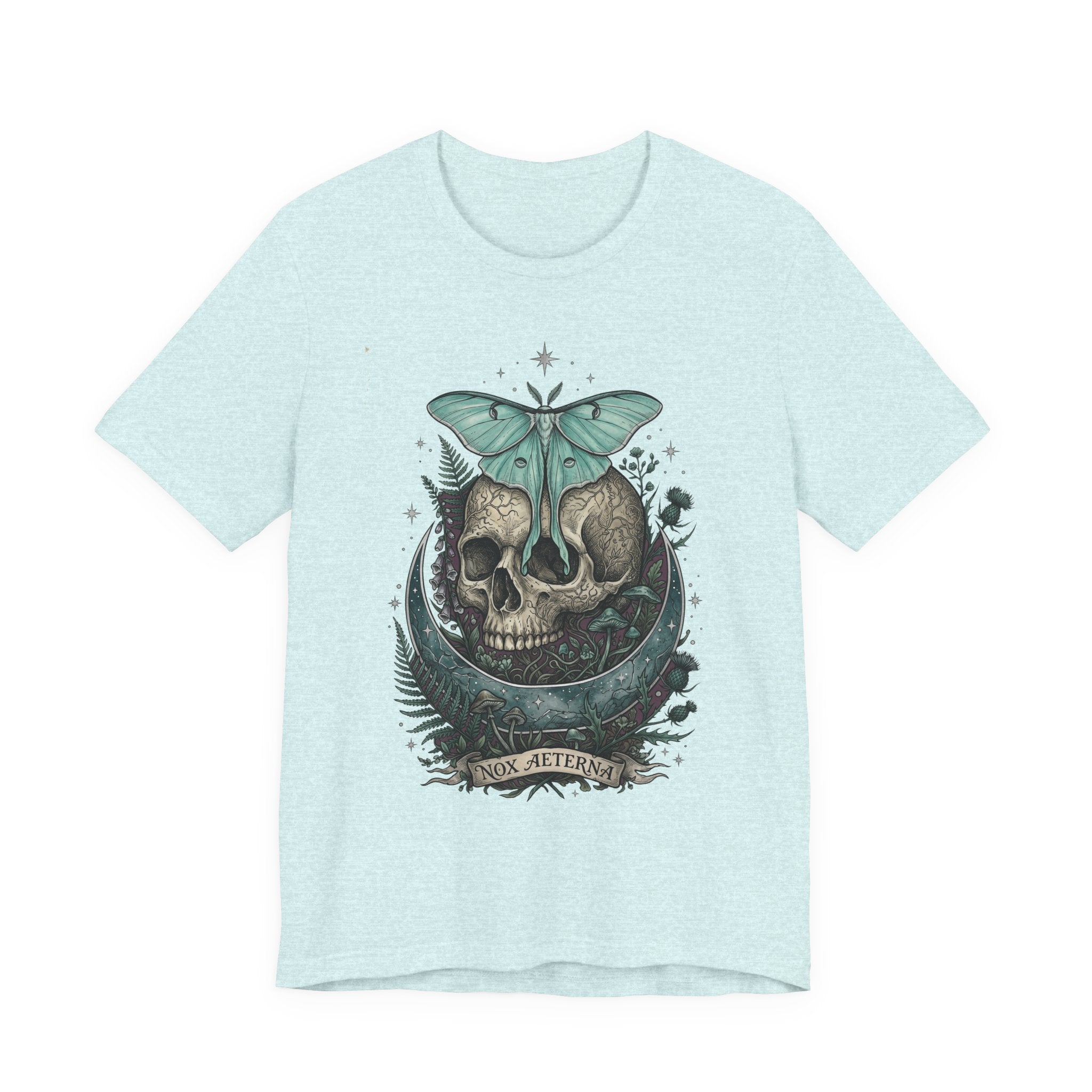 Light blue unisex T-shirt with teal moth-and-skull graphic on chest