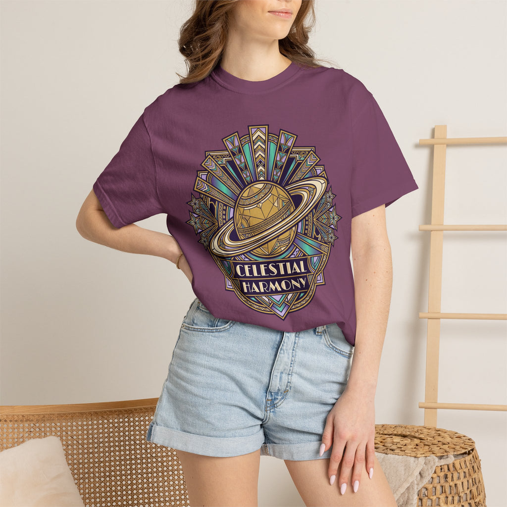 Plum T-shirt with Saturn ring celestial graphic, worn by model