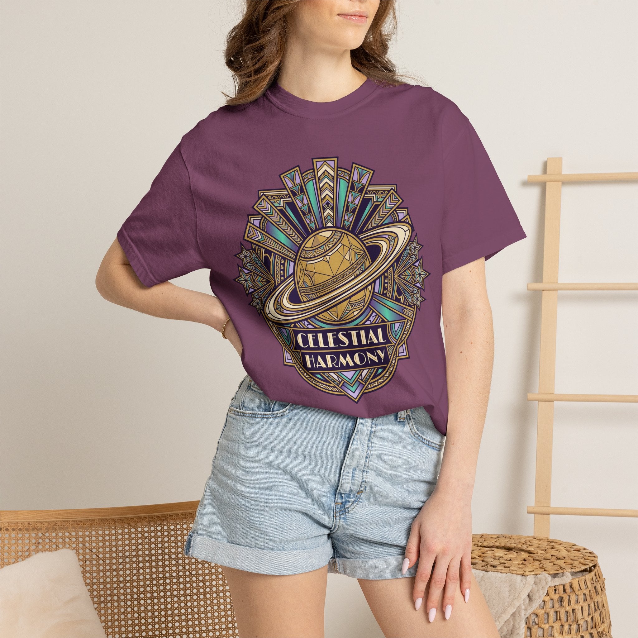 Plum T-shirt with Saturn ring celestial graphic, worn by model