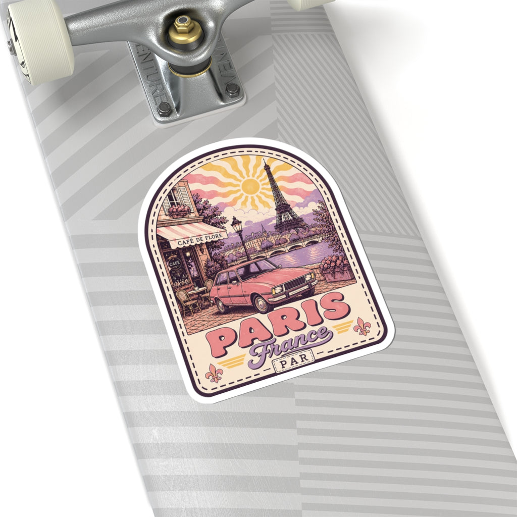 Paris scenic sticker on striped luggage tag, Eiffel Tower scene with PARIS France text