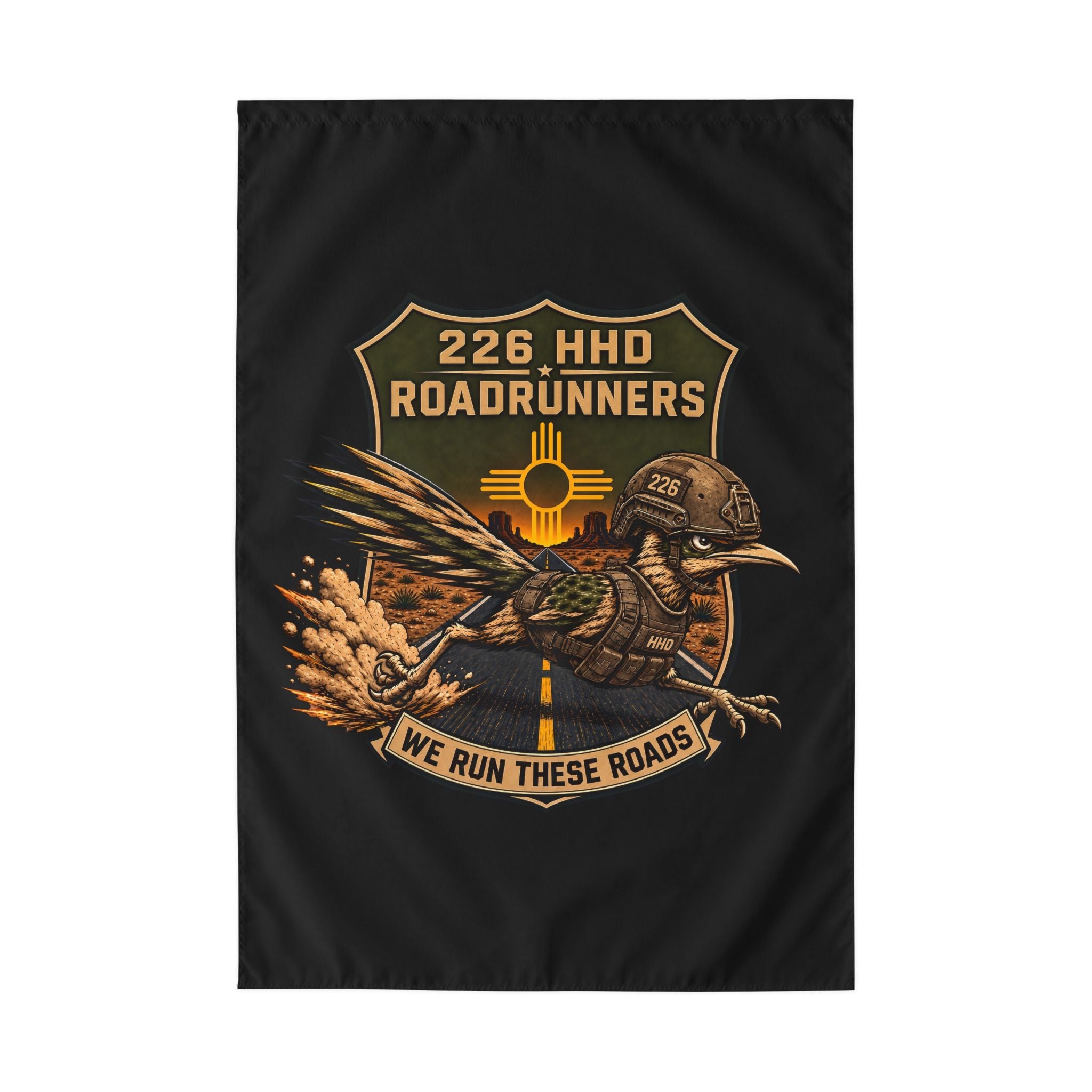 226 HHD Roadrunners Military Flag Black Vertical