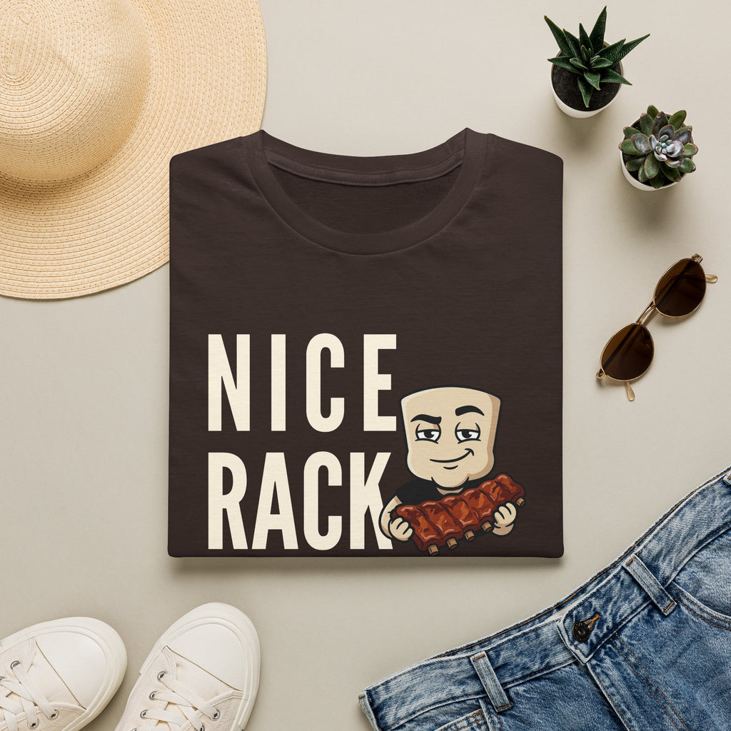 Dark brown T-shirt with bold “Nice Rack” letters and cartoon BBQ ribs graphic