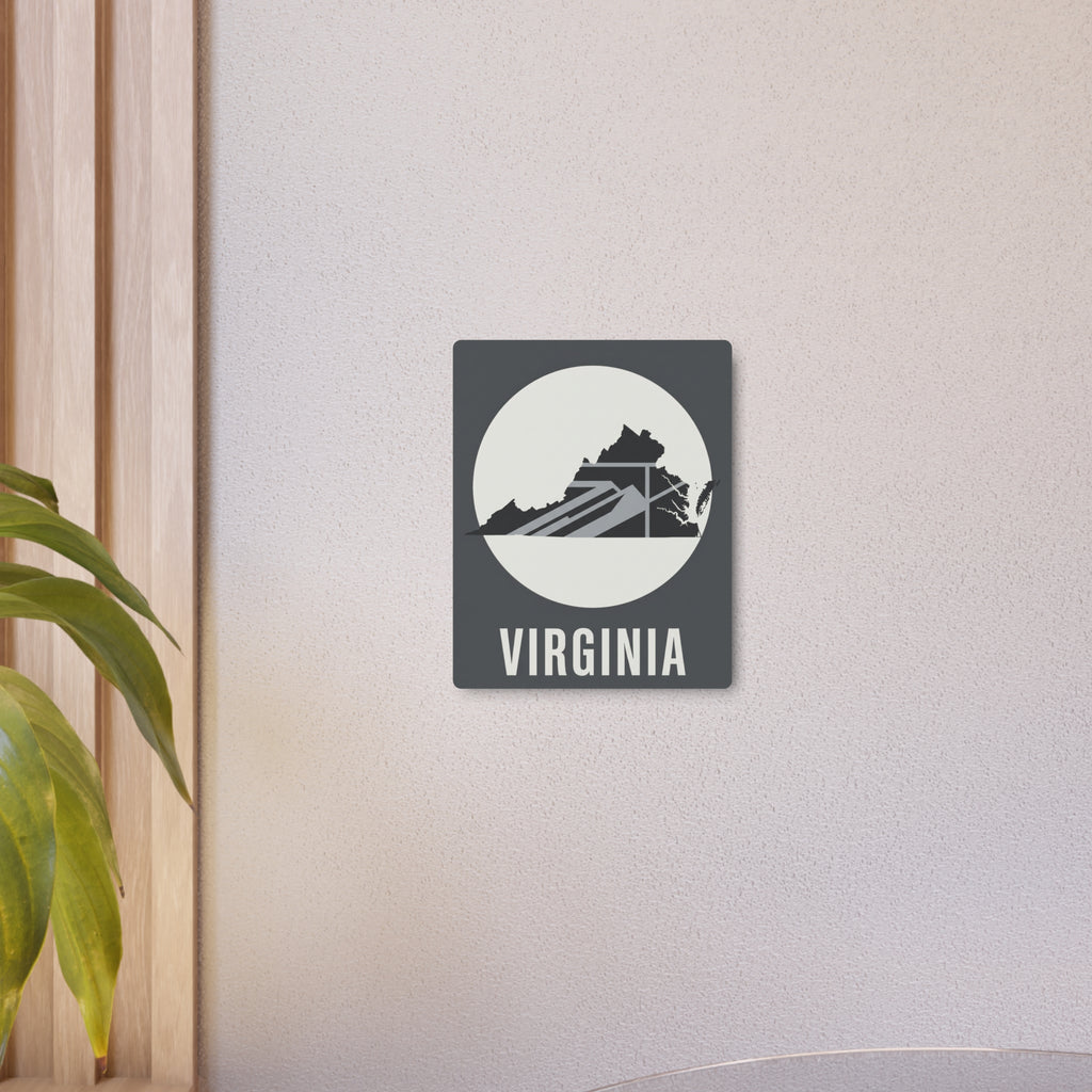 Virginia metal wall art mounted on wall, circular mountainscape silhouette on dark gray square