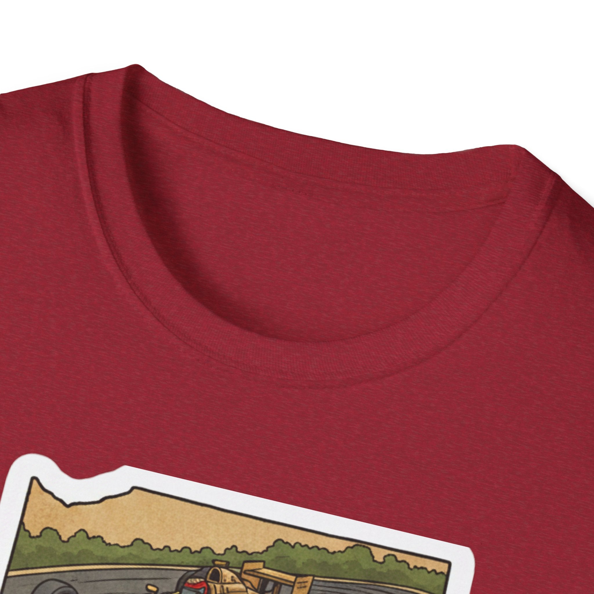 Red T-shirt collar close-up with Indiana graphic edge