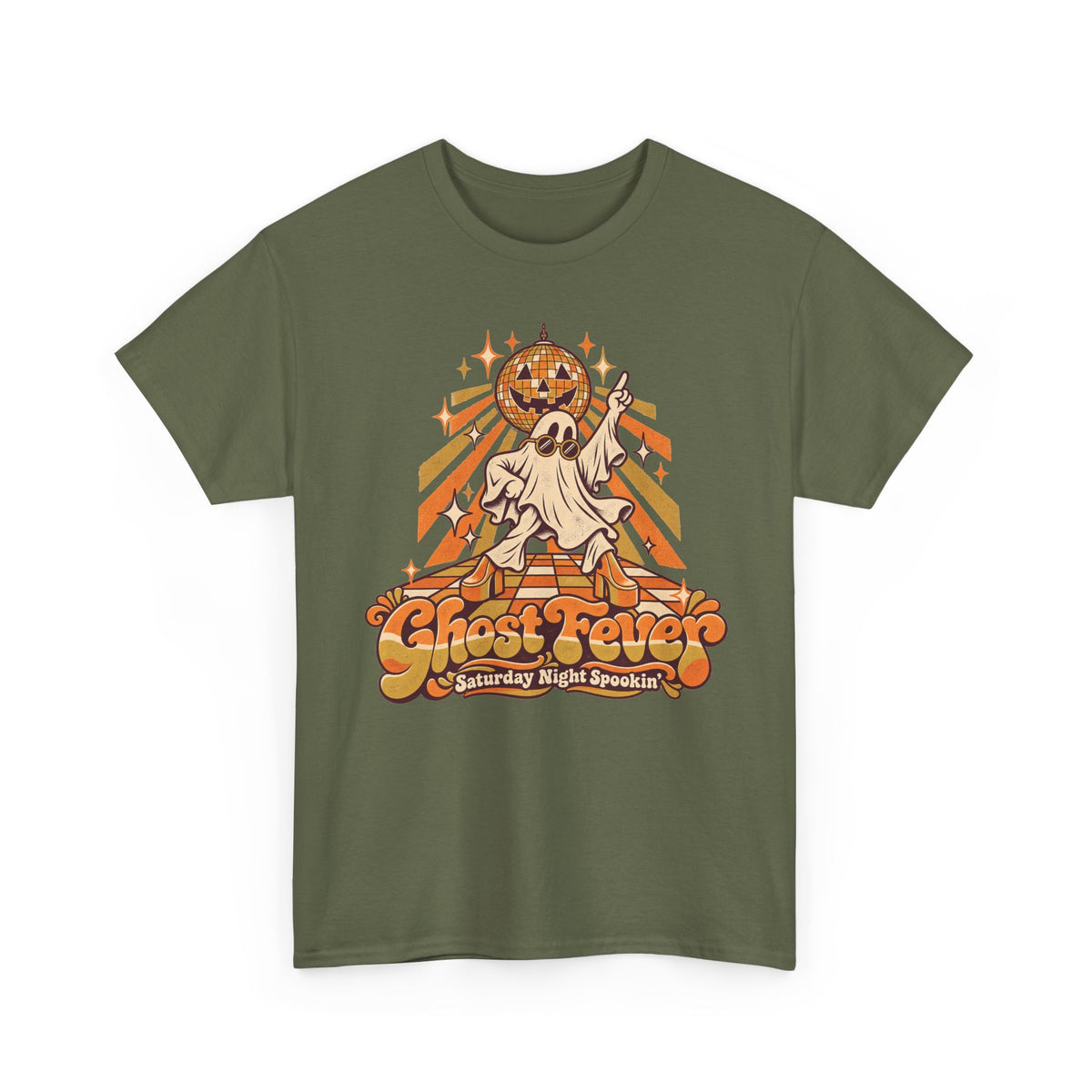 Dark olive green Halloween graphic t-shirt with dancing ghost, disco ball, and jack-o-lantern art