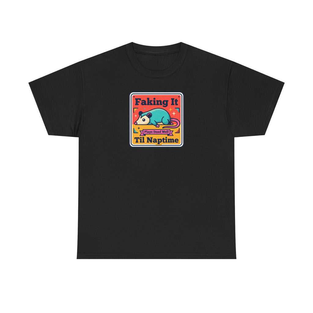 Black T-shirt with framed “Faking It Til Naptime” sleepy panda graphic