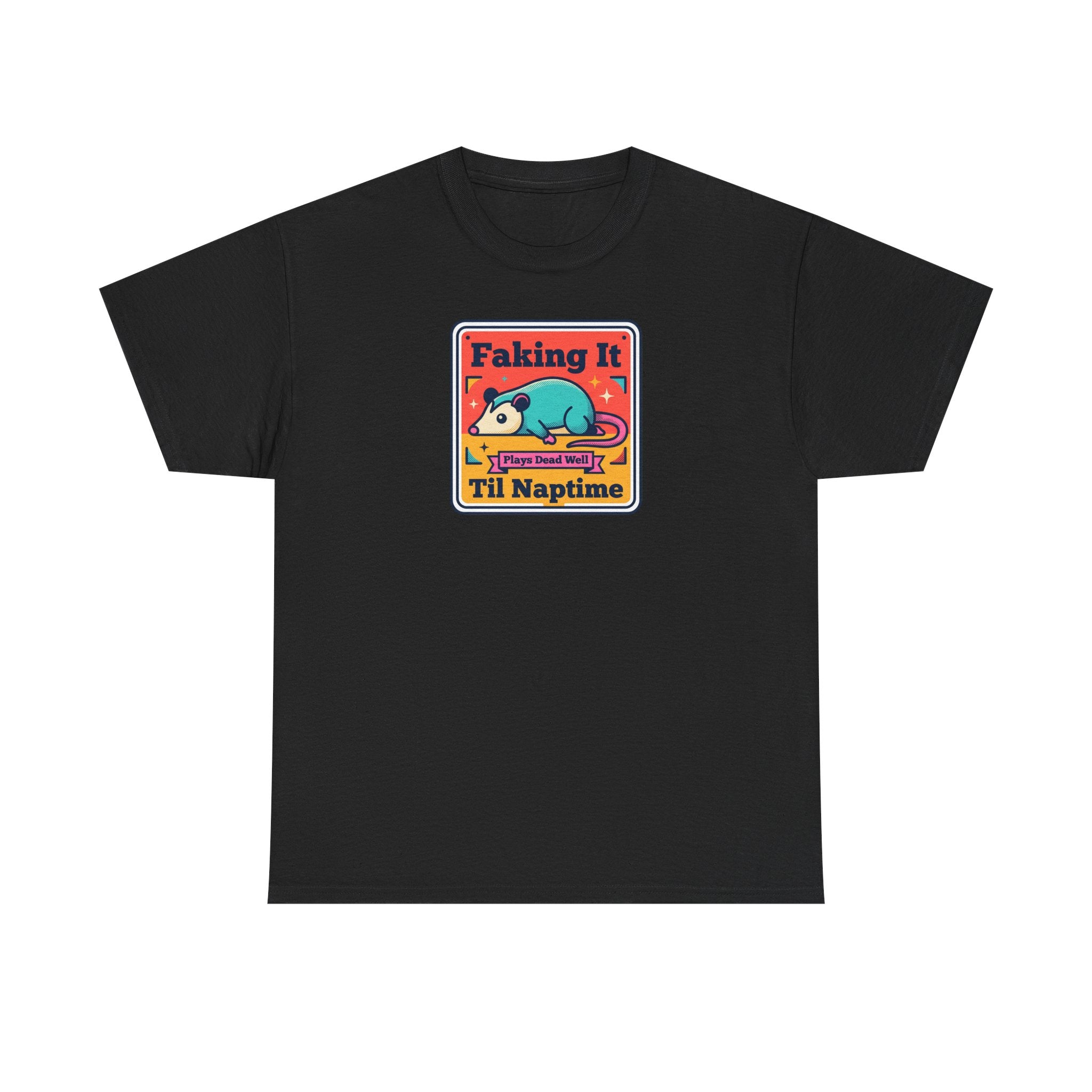 Black T-shirt with framed “Faking It Til Naptime” sleepy panda graphic