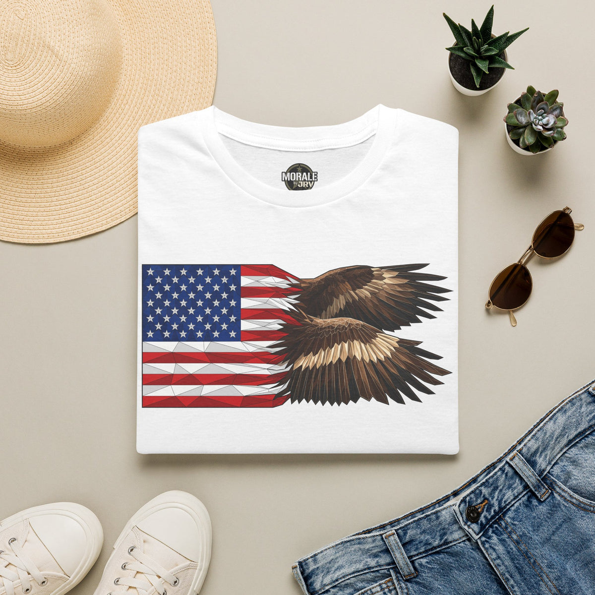White T-shirt with American flag and flying bald eagle graphic on front.
