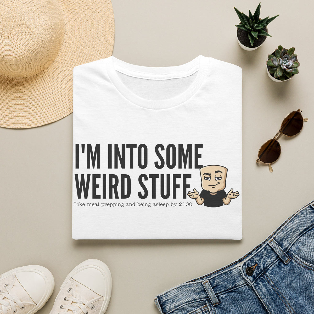 White crew-neck T-shirt with "I'm into some weird stuff" meme graphic