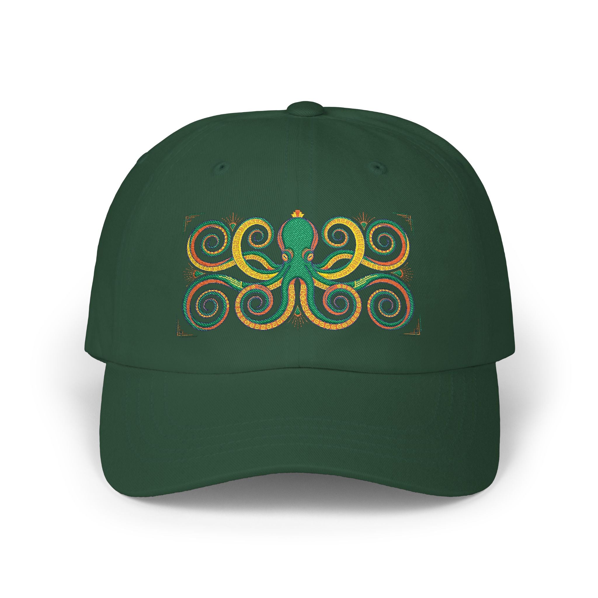 Spruce green dad cap with multicolor octopus swirl embroidery on the front panel