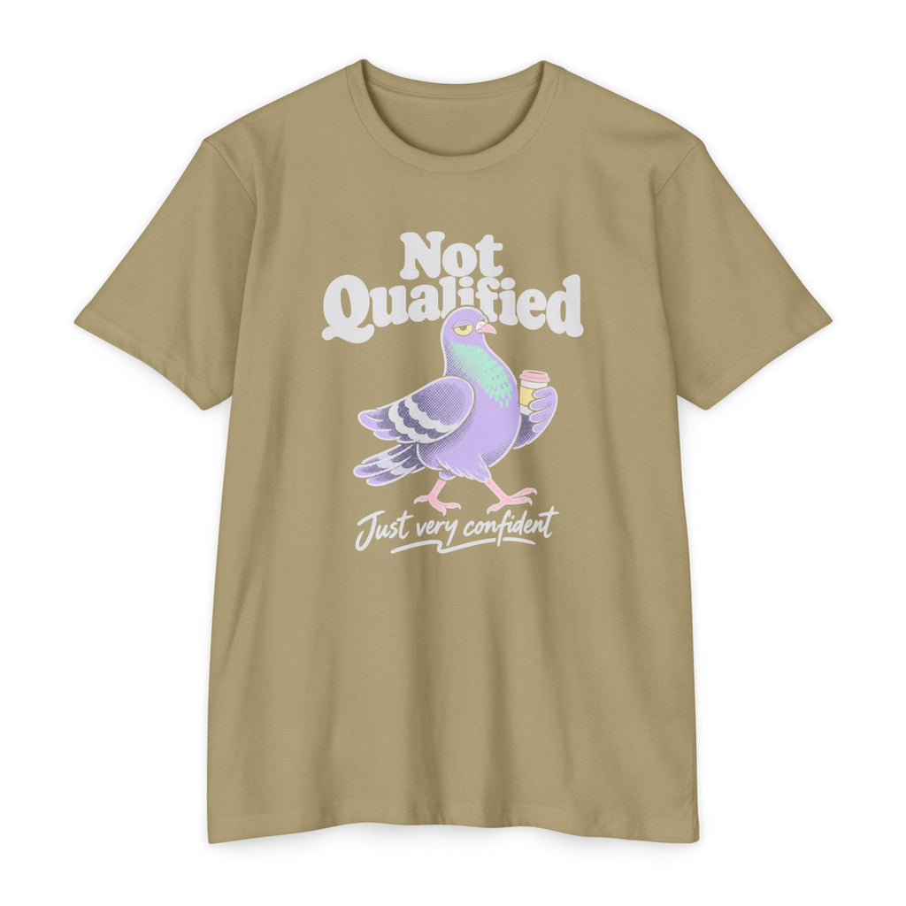Light olive crew-neck T-shirt with Not Qualified pigeon graphic