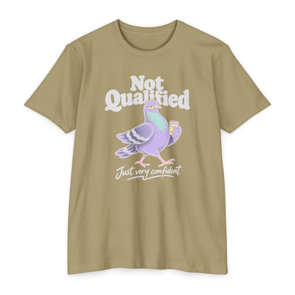 Light olive crew-neck T-shirt with Not Qualified pigeon graphic