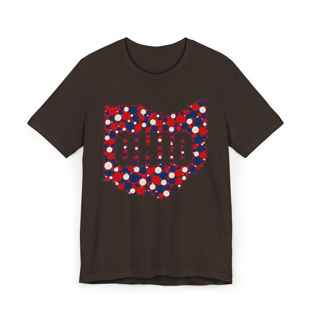 Dark brown T-shirt with dotted polka graphic OHIO in red, white, and blue