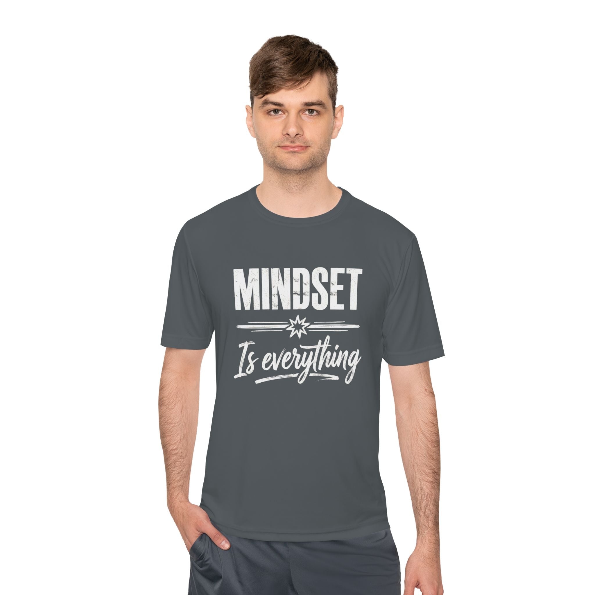 Iron grey T-shirt with “MINDSET” and “Is everything” typography print on front