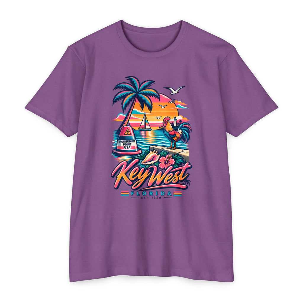Purple Key West tropical sunset T-shirt with palm tree and flamingo front graphic