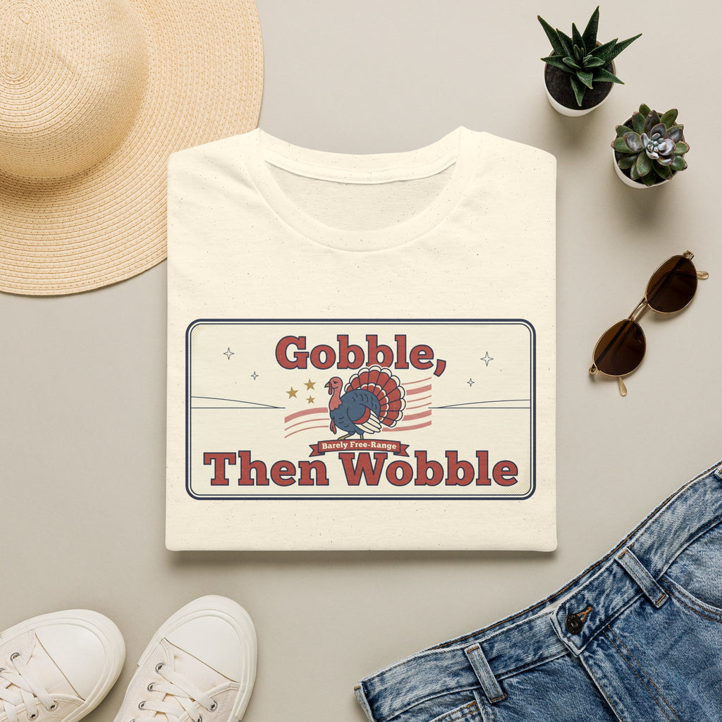 White T-shirt with retro turkey graphic and “Gobble, Then Wobble” lettering