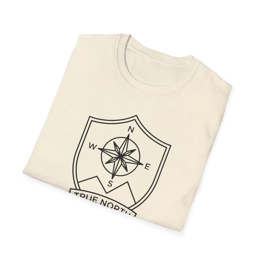 Natural compass shield T-shirt with compass rose and direction letters on the front