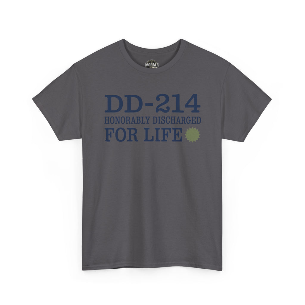 Charcoal graphic T-shirt with 'DD-214 Honorably Discharged For Life' print.
