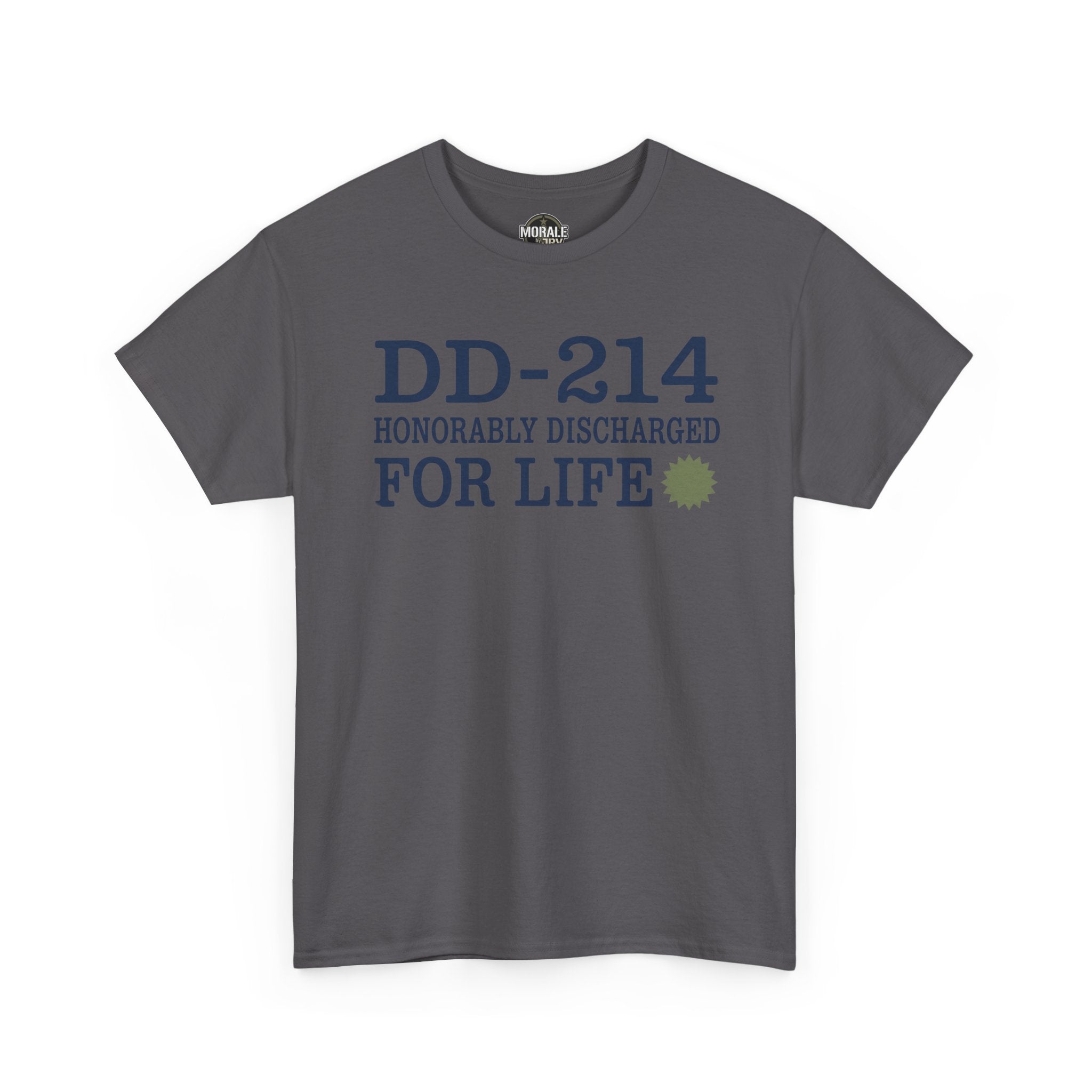 Charcoal graphic T-shirt with 'DD-214 Honorably Discharged For Life' print.