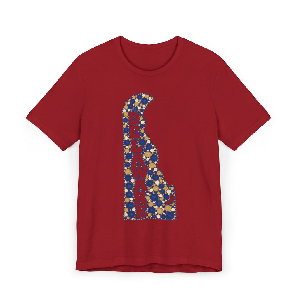 Red Delaware state silhouette t-shirt with blue and gold patterned Delaware map graphic