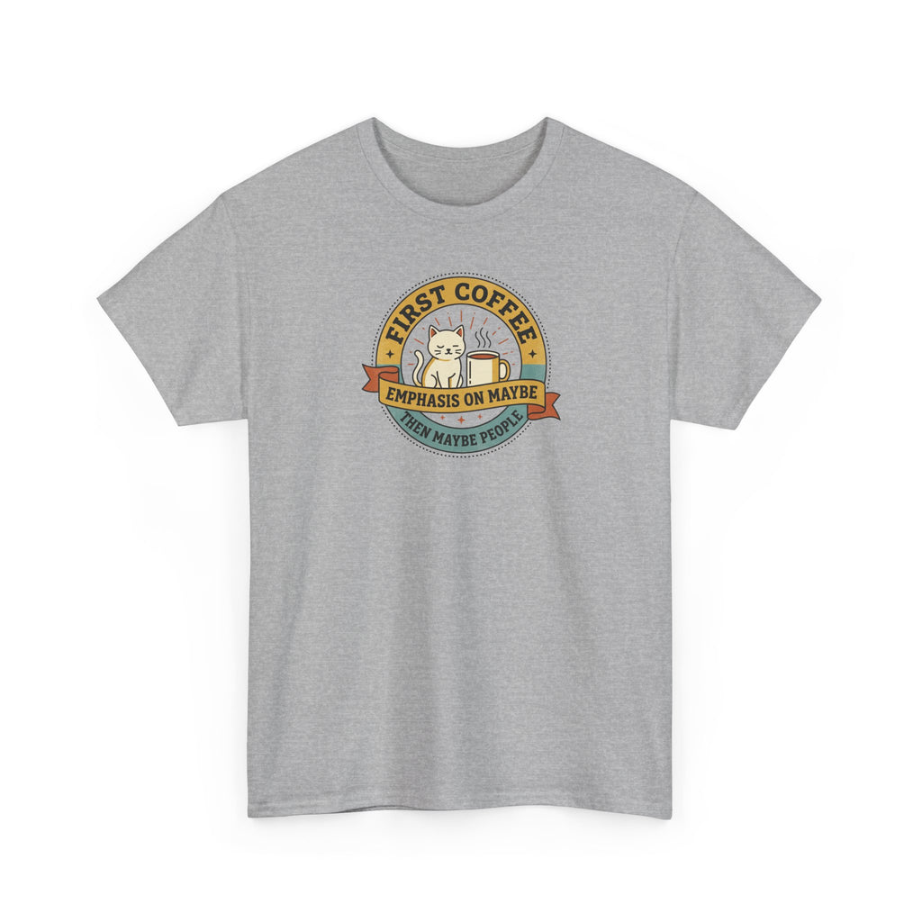 Gray T-shirt with round coffee motto graphic on front, short sleeves, crew neck.