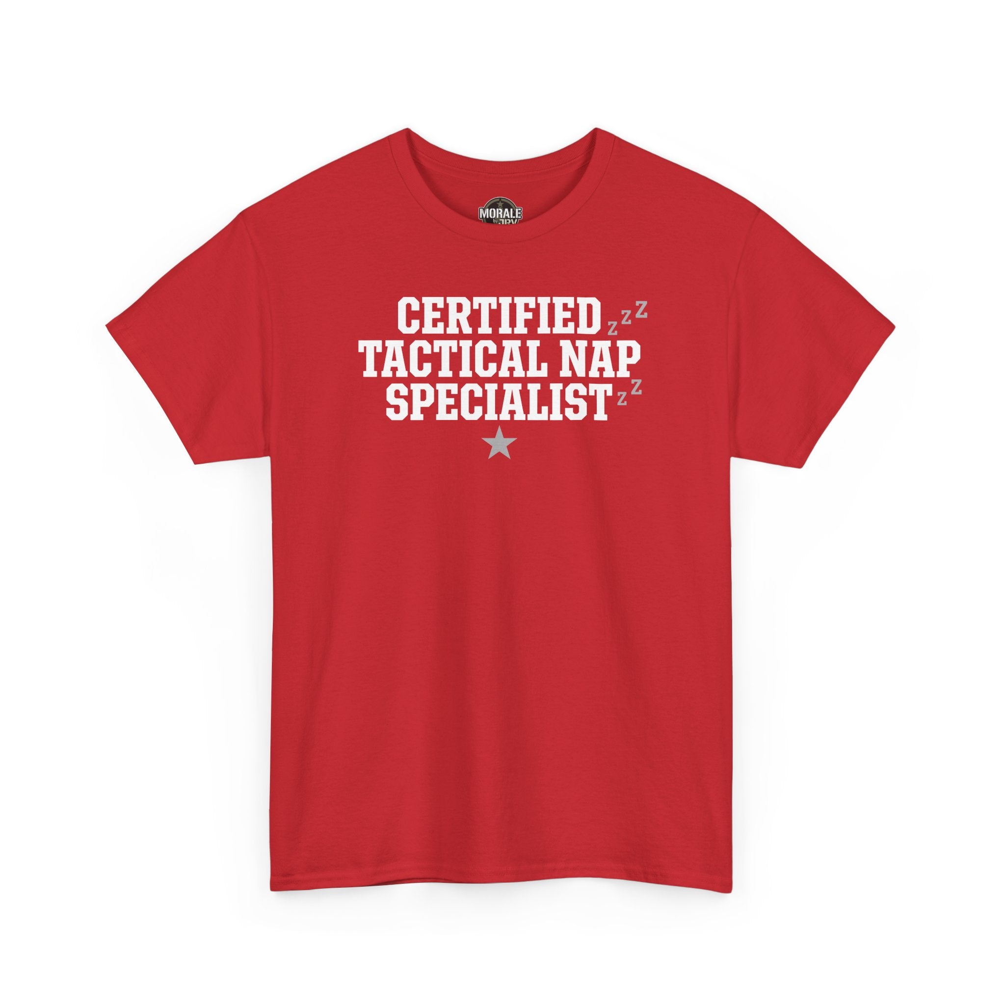 Red T-shirt with 'Certified Tactical Nap Specialist' print and crew neck