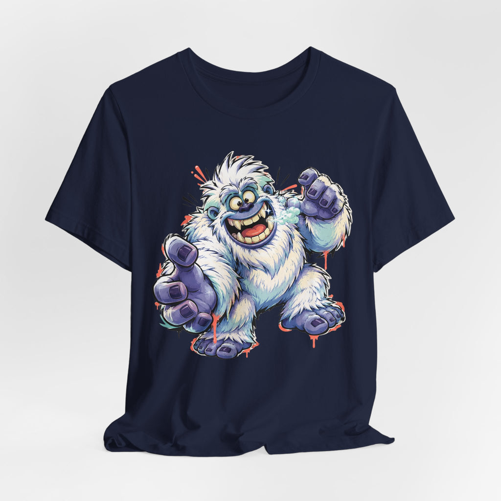 Dark navy T-shirt with cartoon yeti monster graphic, roaring and gripping blue-fisted fists