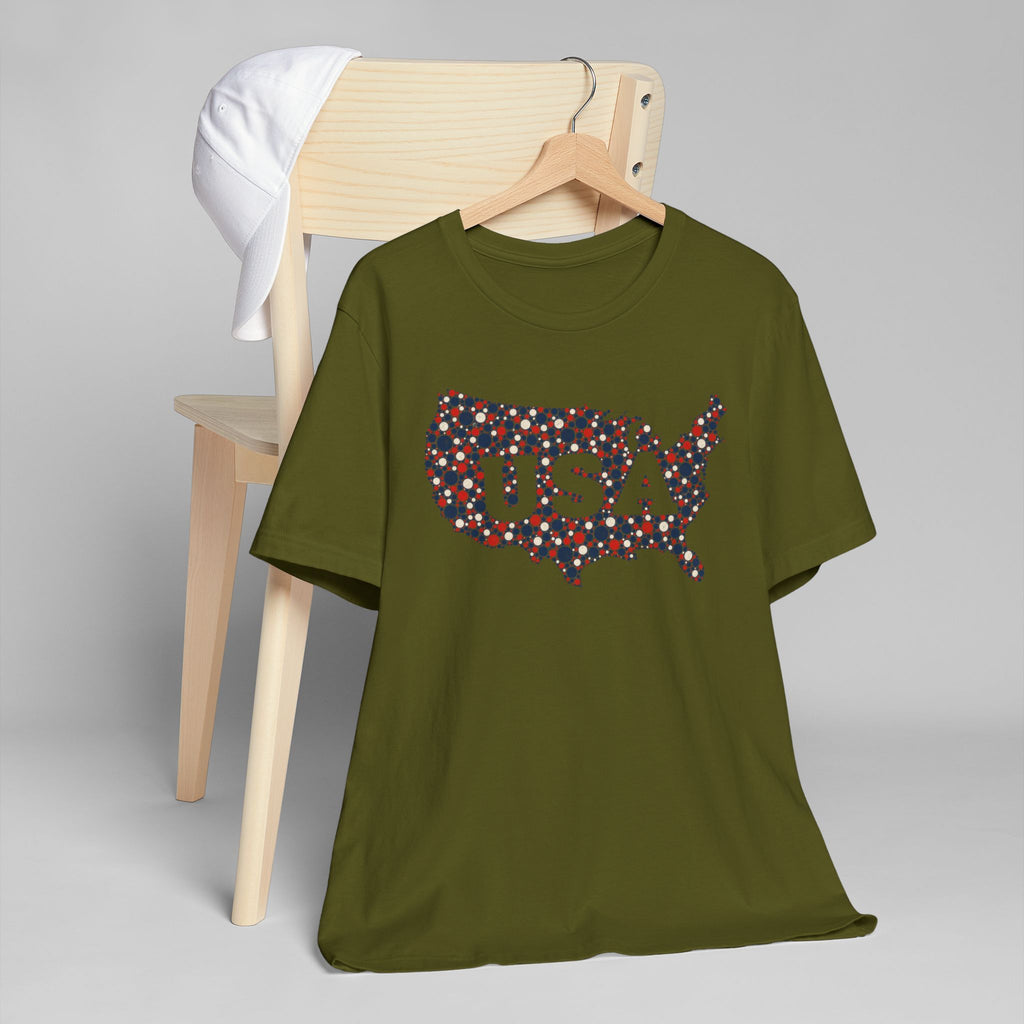 Olive T-shirt with colorful USA map graphic in red, blue, and white dots