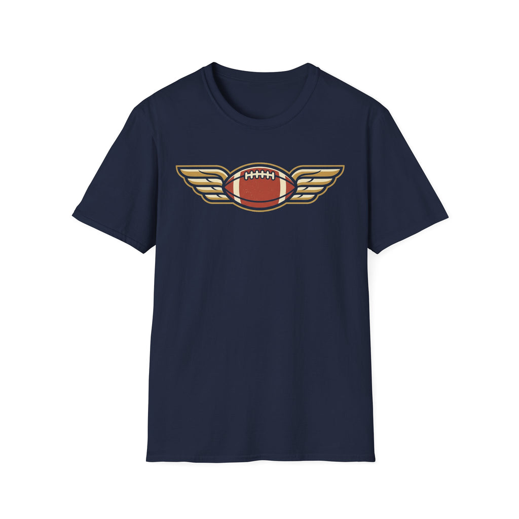 Navy football T-shirt with winged football graphic on chest