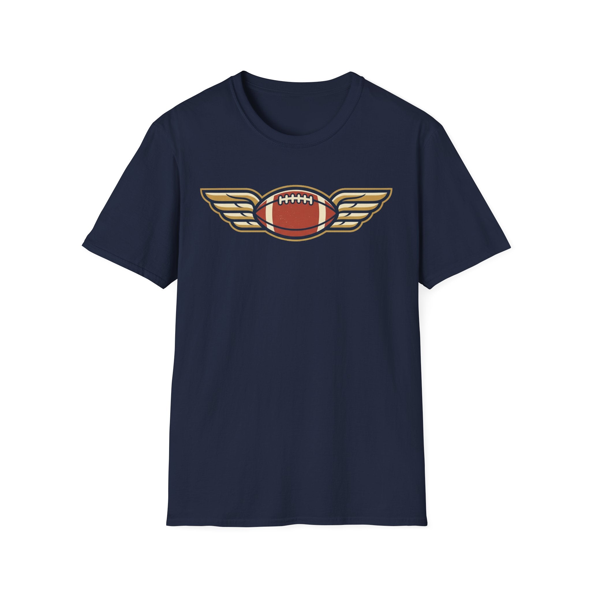Navy football T-shirt with winged football graphic on chest