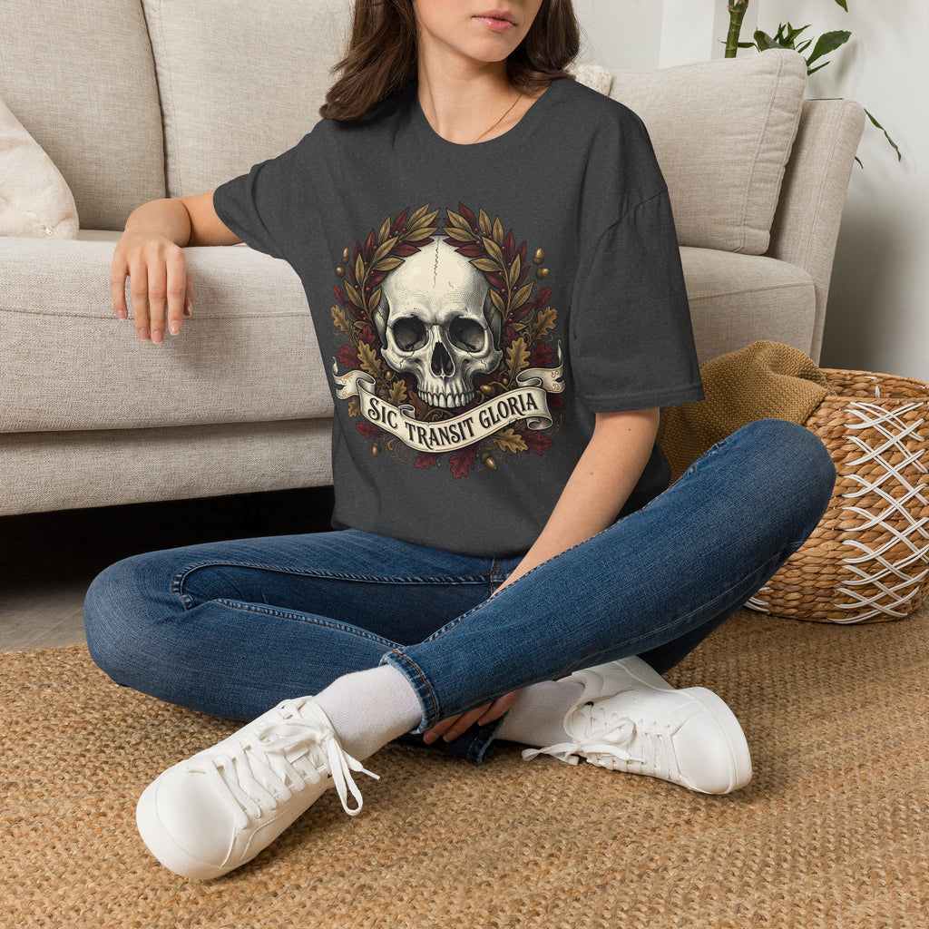 Dark gray T-shirt with skull wreath and ribbon graphic, short sleeves