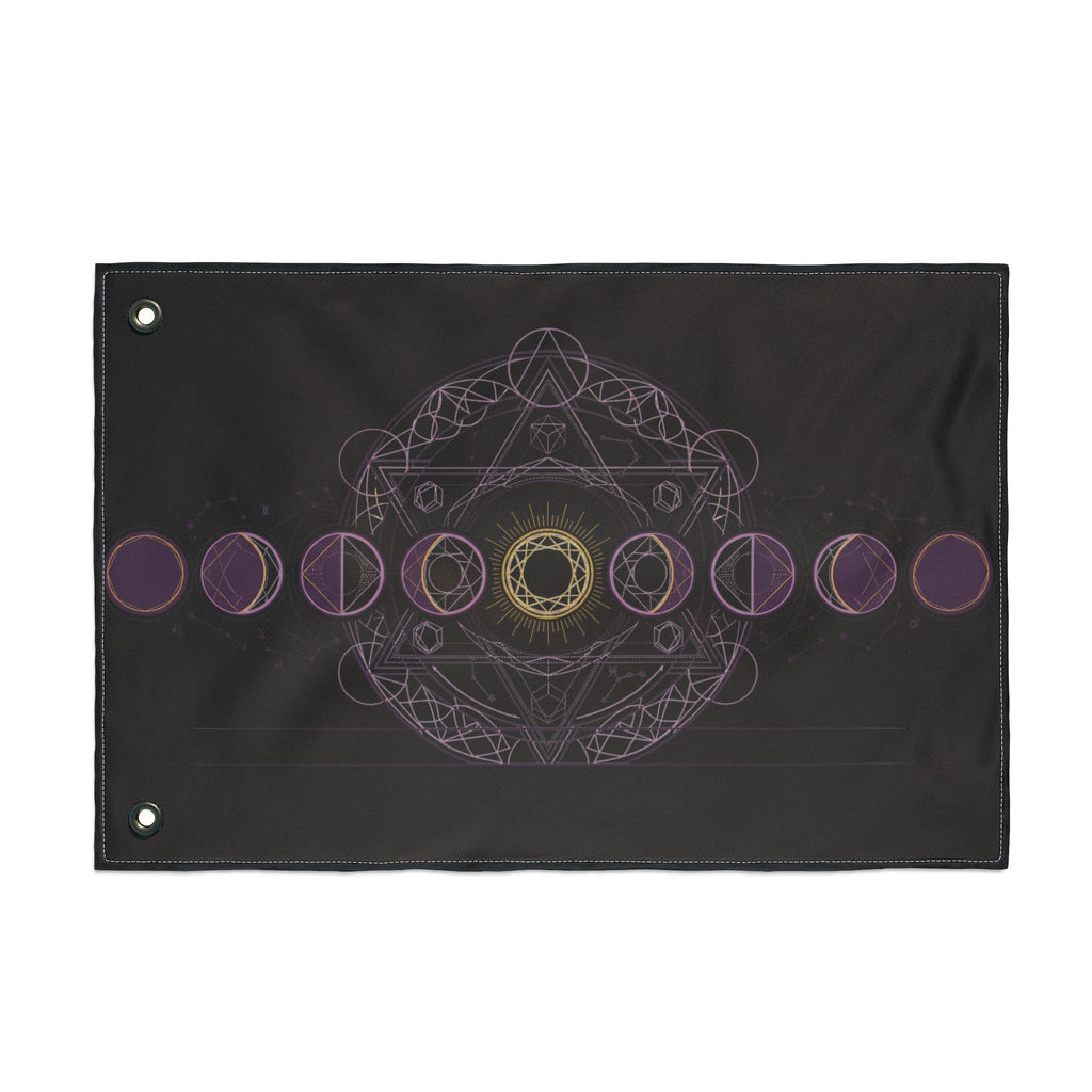 Black moon-phase banner flag with purple circle pattern and gold center mandala, grommets.