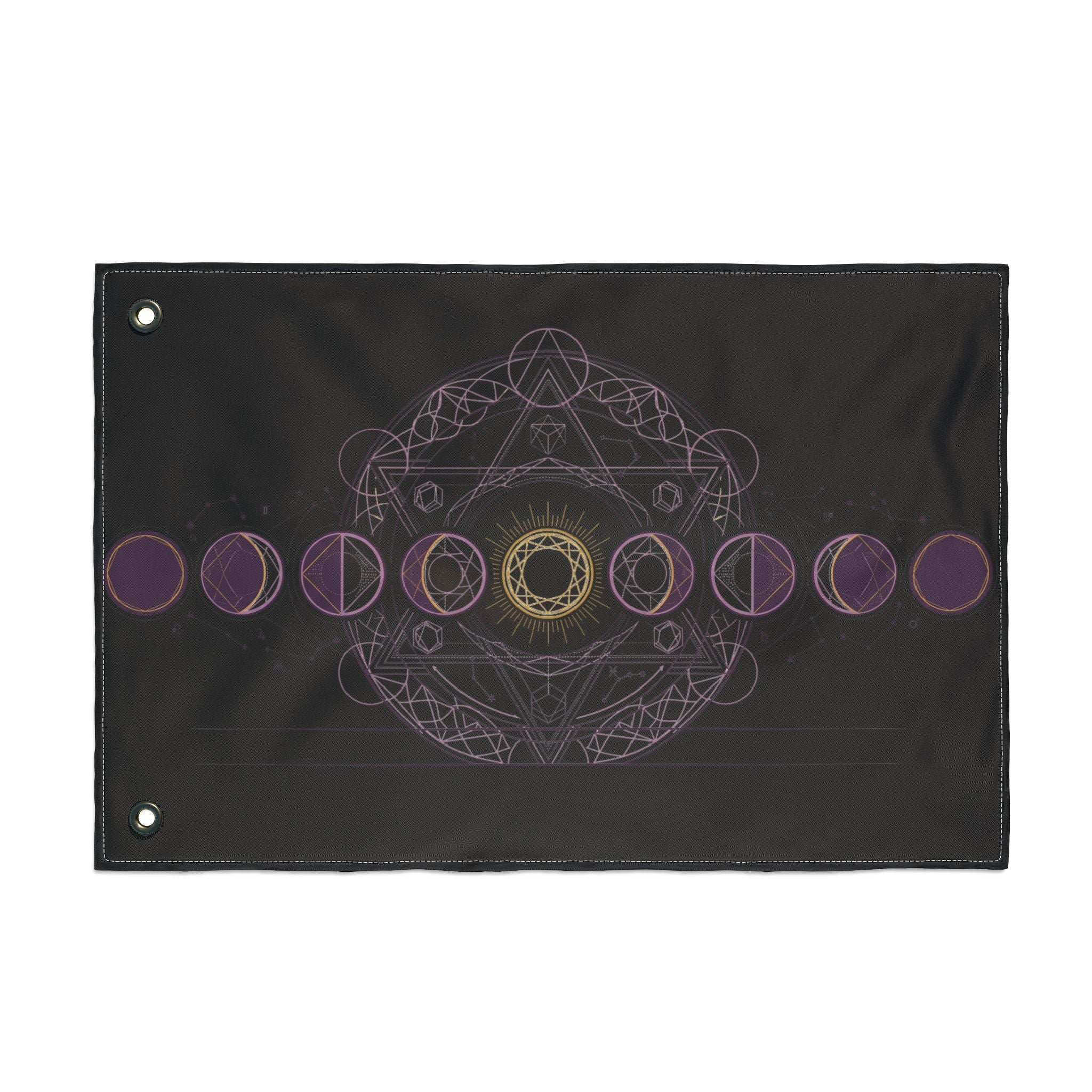 Black moon-phase banner flag with purple circle pattern and gold center mandala, grommets.