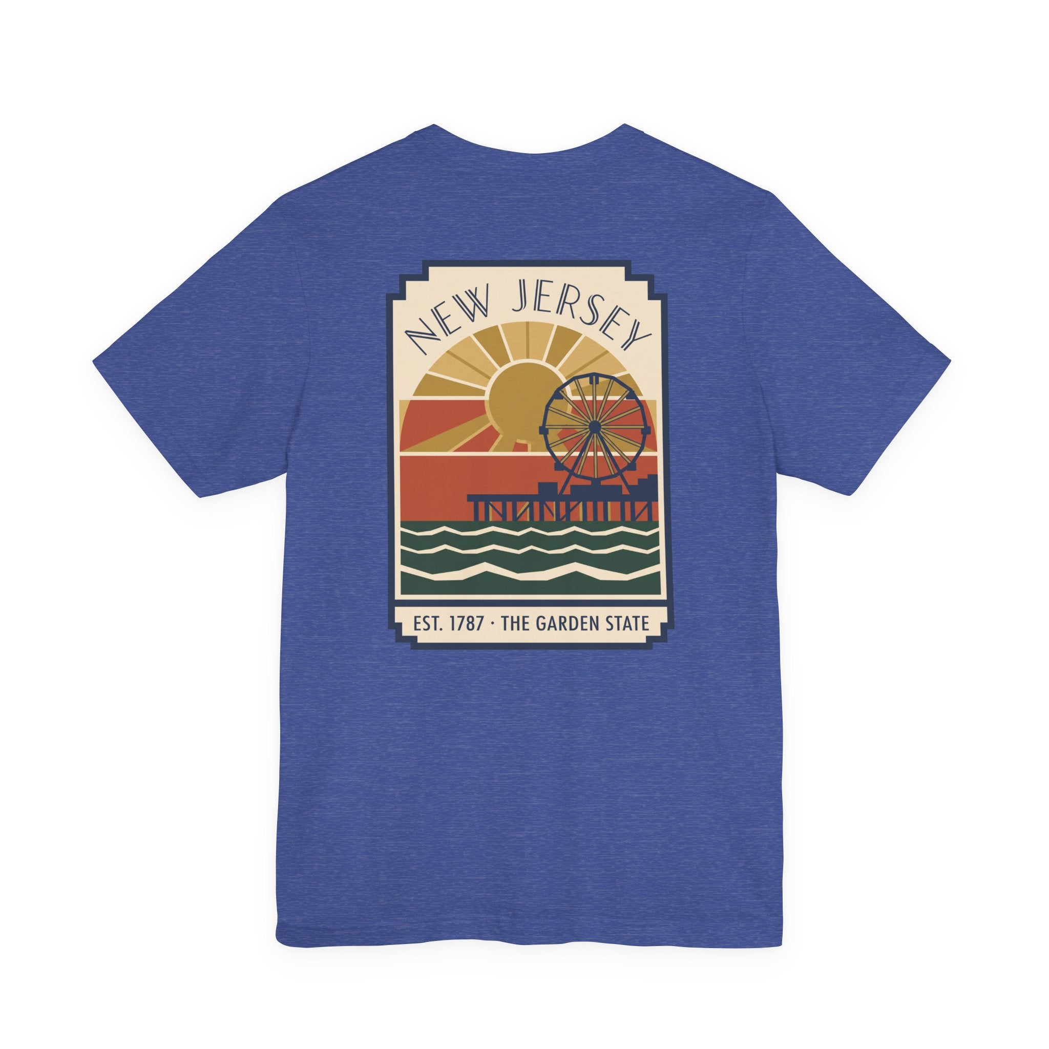 Blue T-shirt with centered New Jersey Pier vintage poster graphic