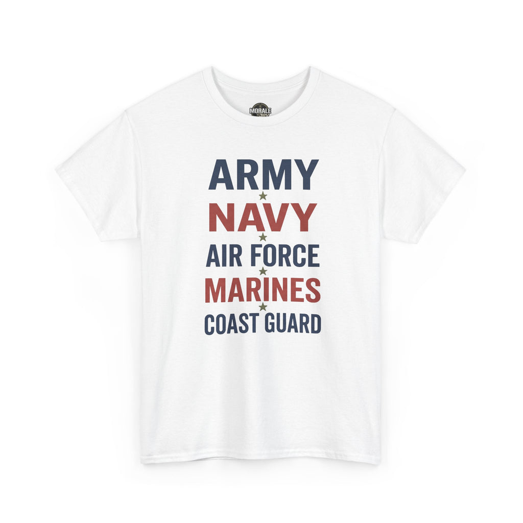 White T-shirt with multicolor “ARMY NAVY AIR FORCE MARINES COAST GUARD” front graphic