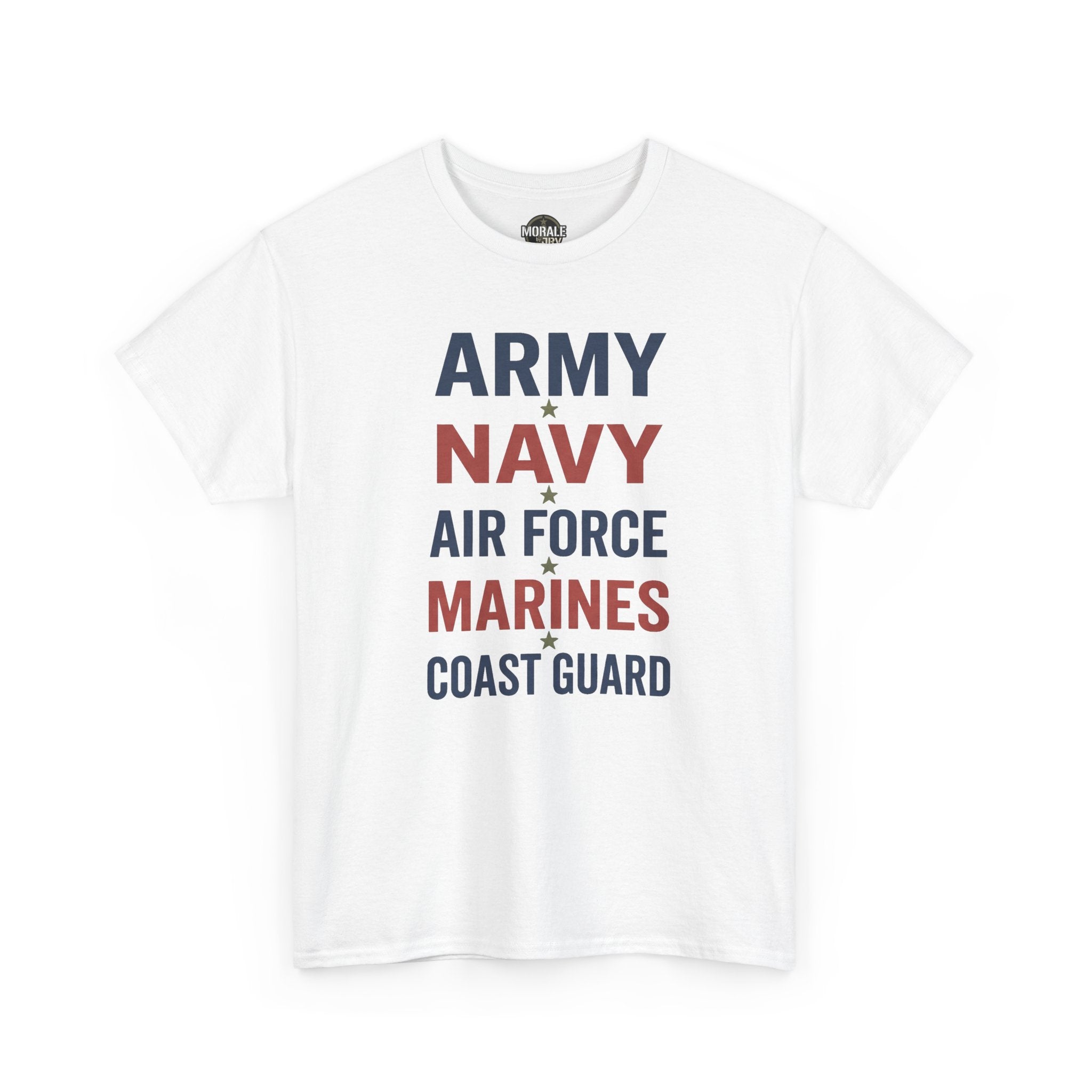 White T-shirt with multicolor “ARMY NAVY AIR FORCE MARINES COAST GUARD” front graphic