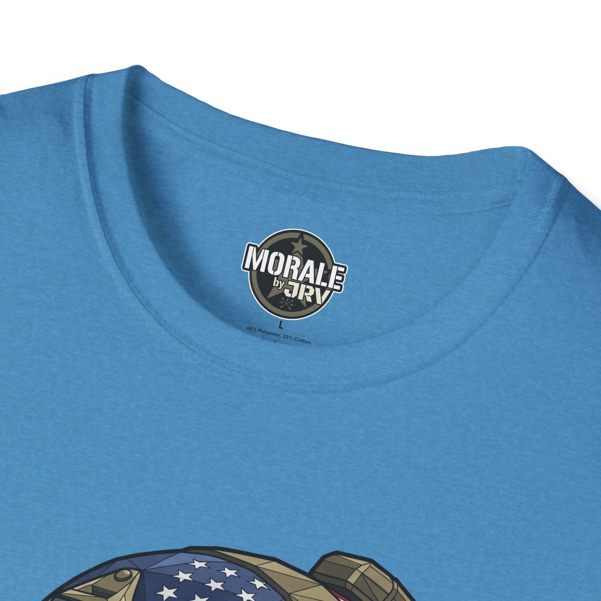 Light blue T-shirt crew neck with “Morale by Trivy” printed label