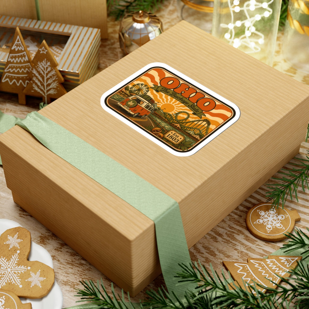 Ohio retro sticker on gift box with ribbon, orange rides and camper, Est. 1803