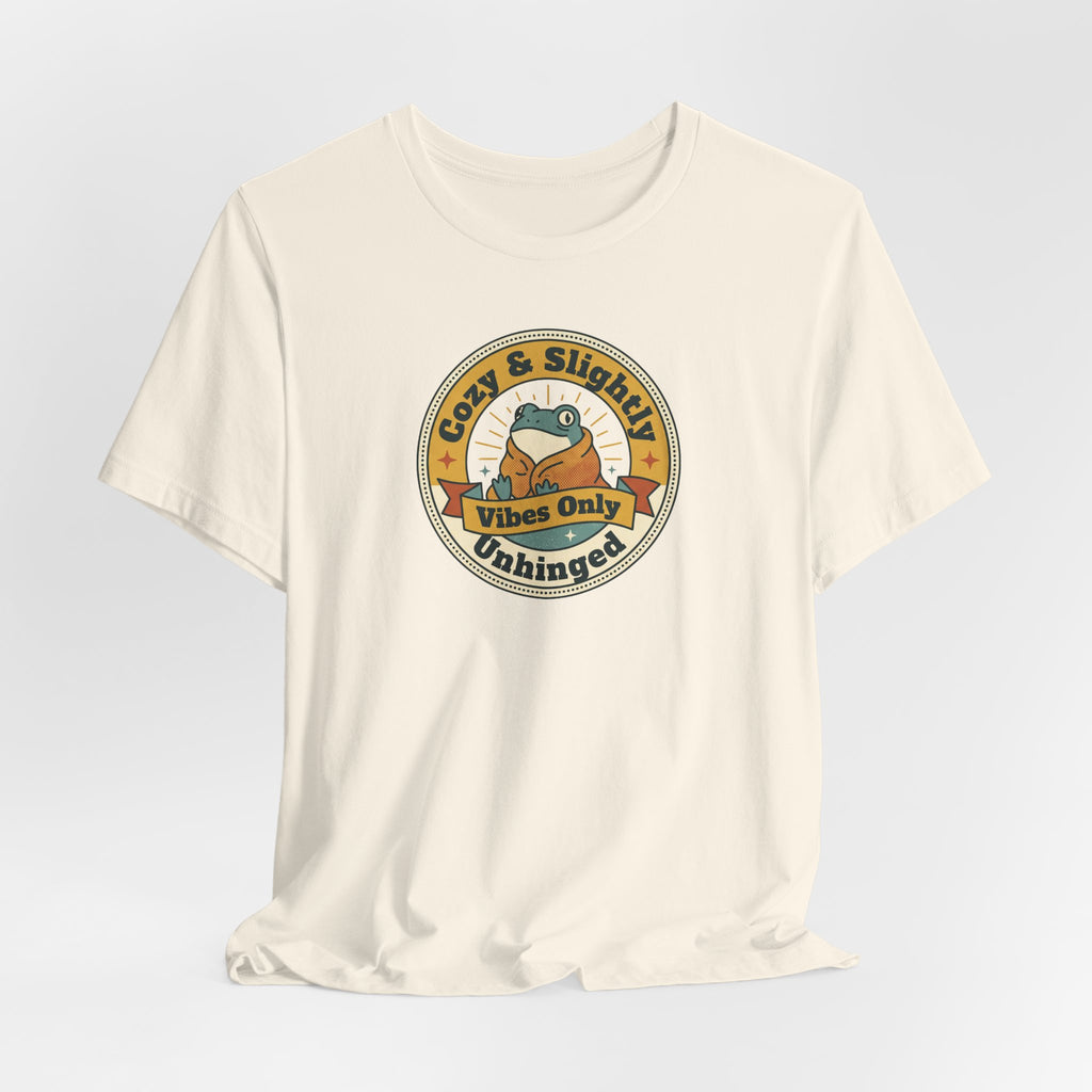 Light cream T-shirt with centered round retro sloth logo graphic