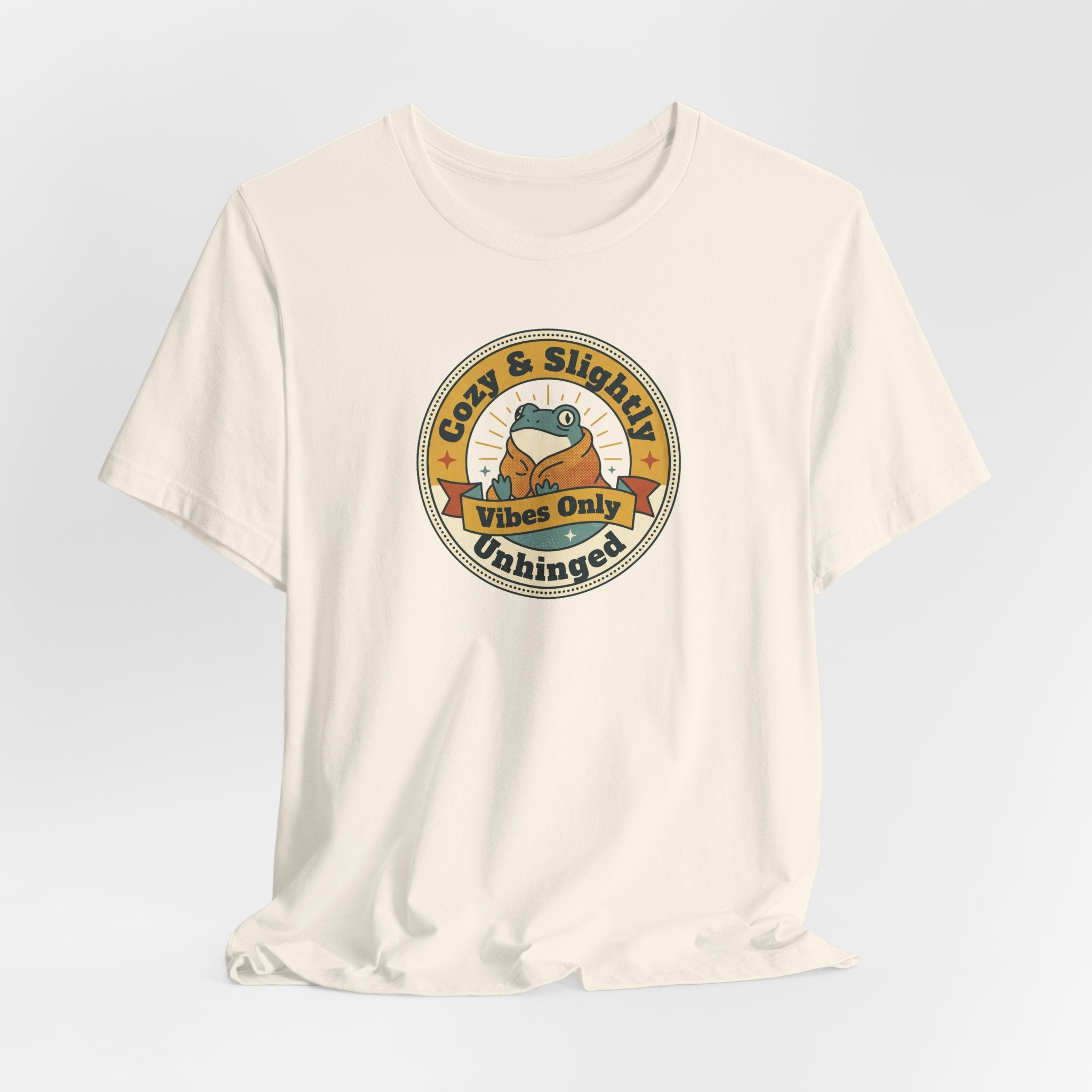 Light cream T-shirt with centered round retro sloth logo graphic