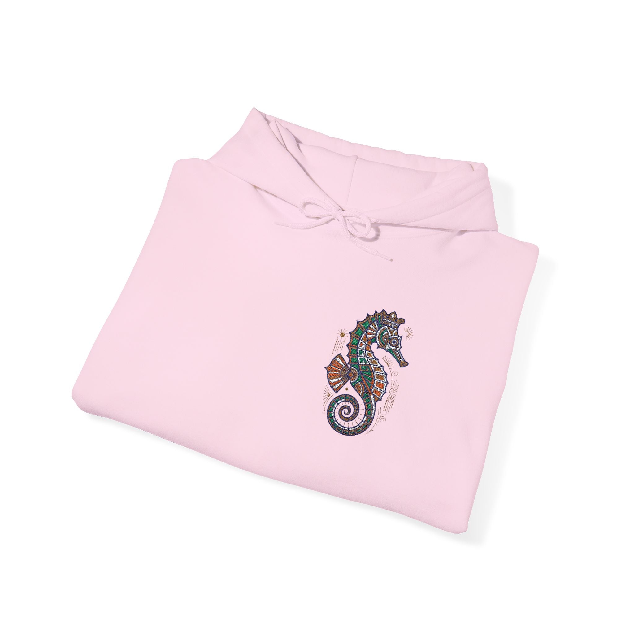 Nautical floral seahorse hoodie, pastel pink, front view with seahorse graphic