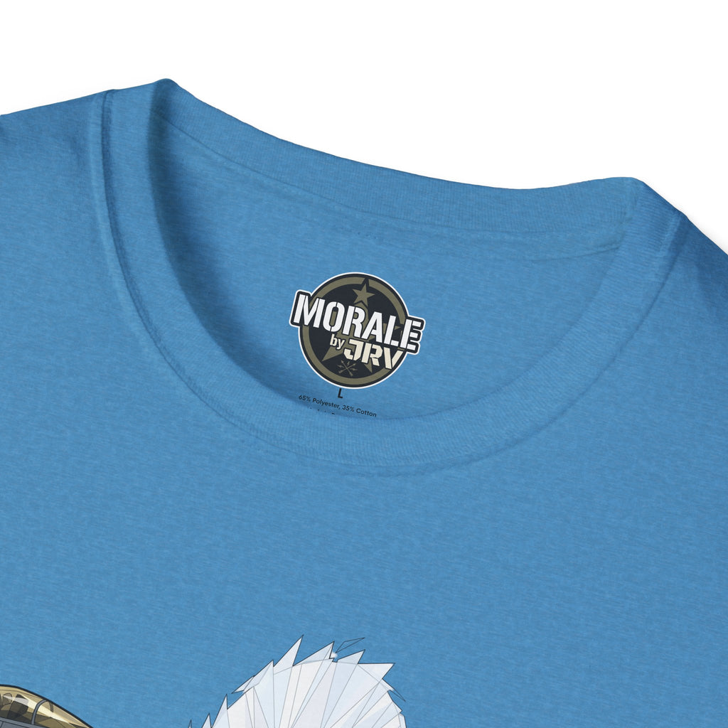 Blue crew-neck T-shirt with round “Morale by JRI” chest logo