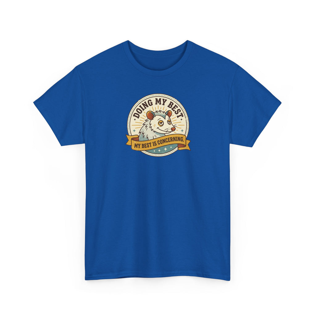 Royal blue crewneck t-shirt with 'Doing My Best' sloth emblem on front.