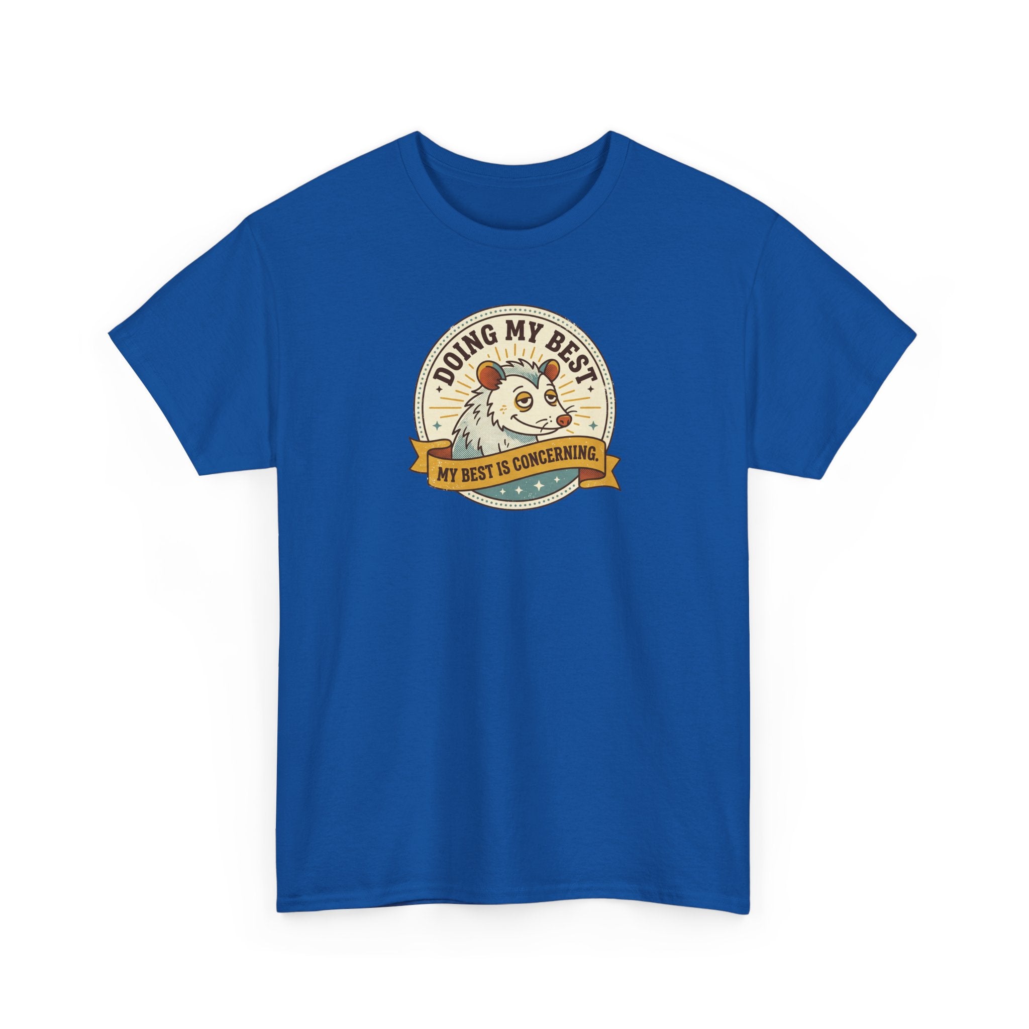 Royal blue crewneck t-shirt with 'Doing My Best' sloth emblem on front.