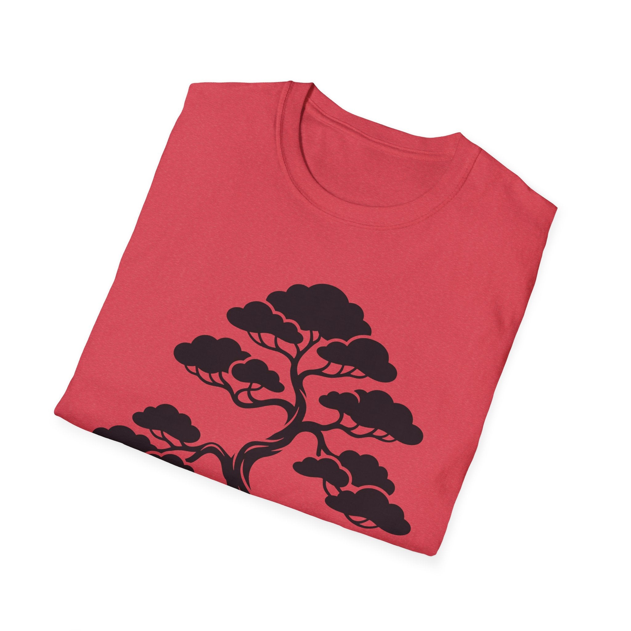 Red T-shirt with black bonsai tree silhouette graphic