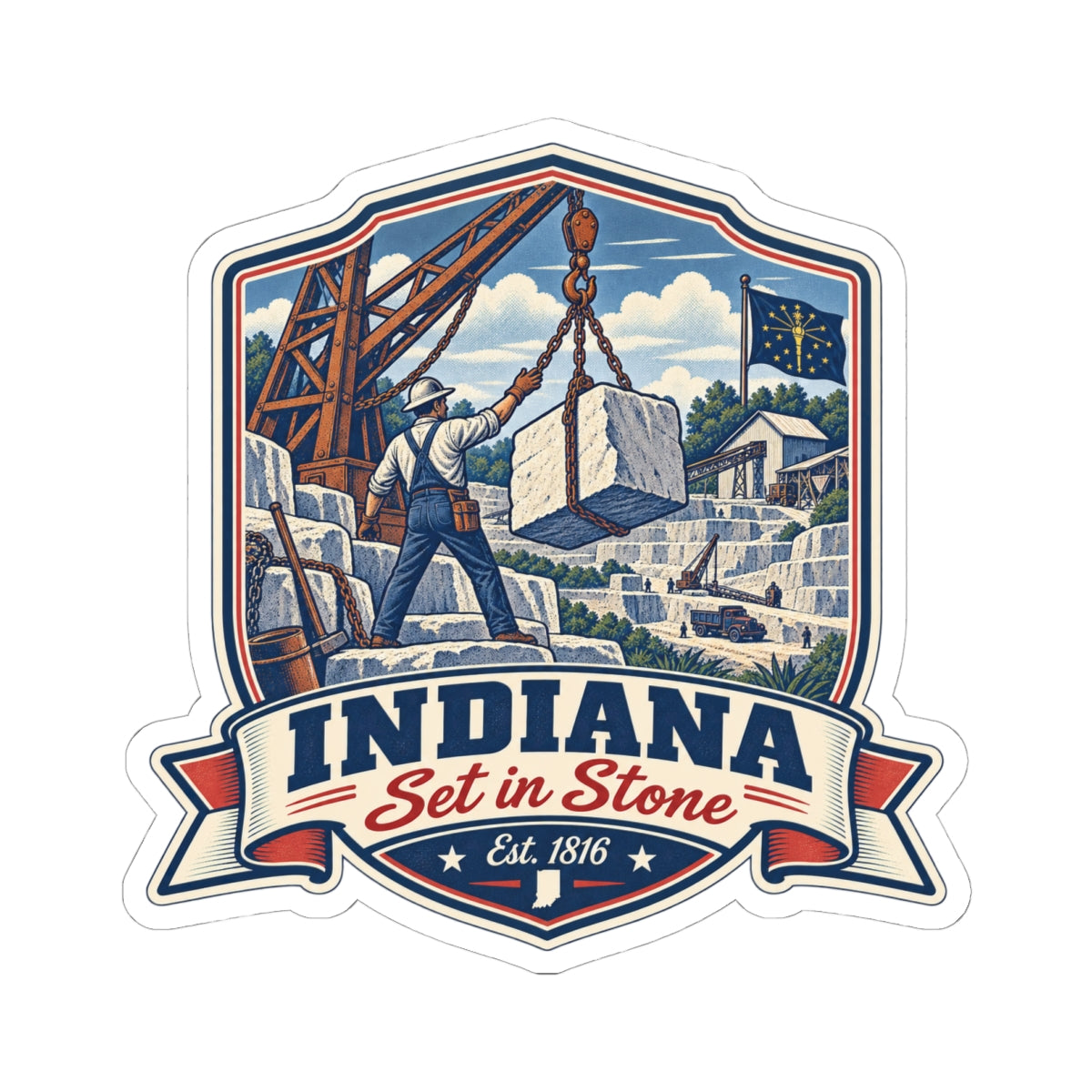 Indiana “Set in Stone” kiss-cut sticker with detailed workers’ monument artwork